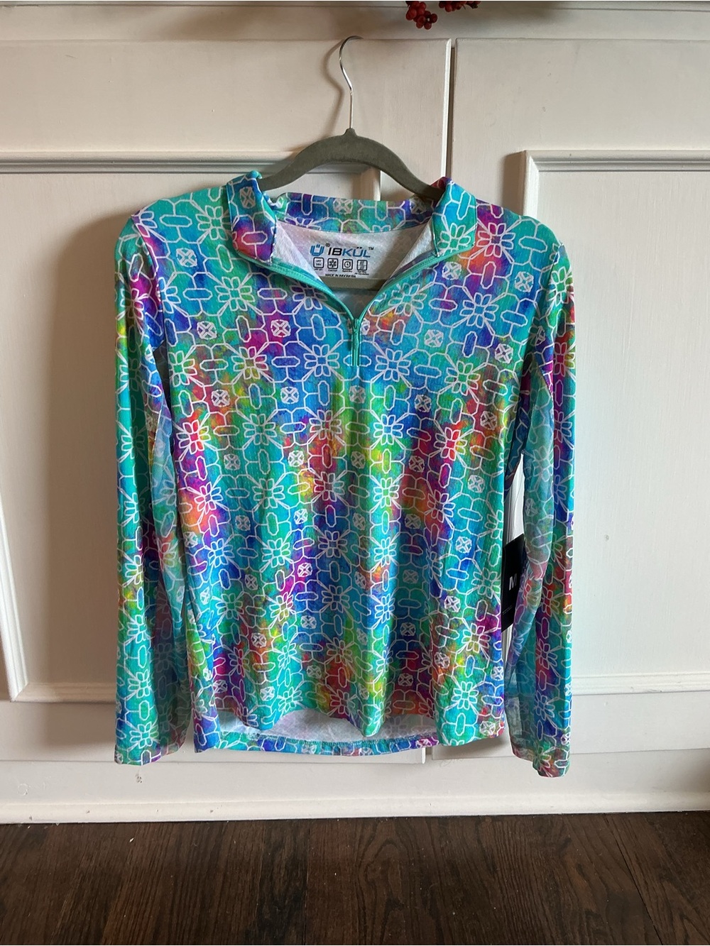 IBKUL Girls Floral Quarter-Zip Pullover in Turquoise Multicolor